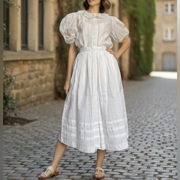 Vtg Henry Grethel 80s White Linen Cotton Skirt Set Prairie Coastal Cottagecore - Picture 2 of 16